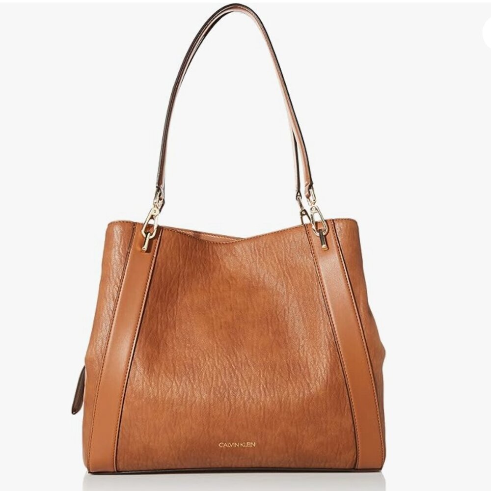 Calvin‎ Klein Ellie Novelty Large Triple Compartment Brown Leather Shoulder Bag